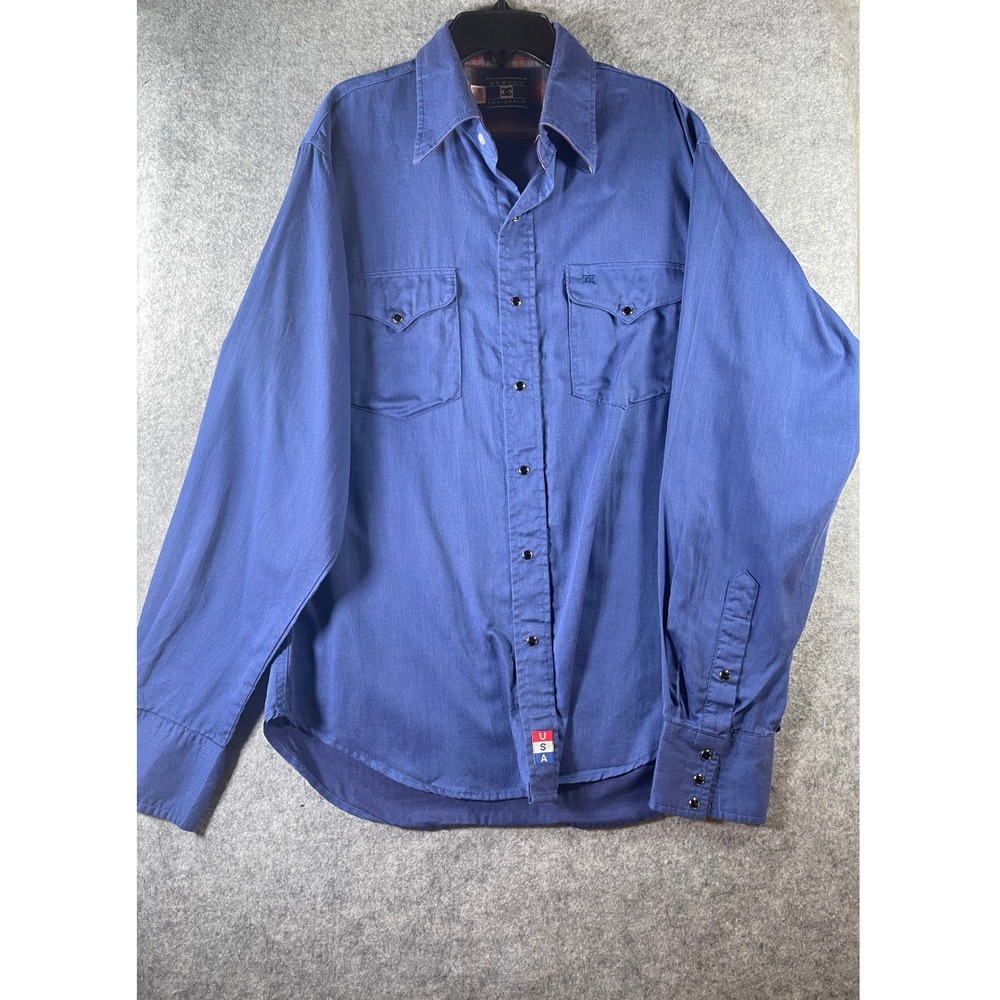 Vintage Cowboy Equipment Mens Blue Western Pearl Snap Shirt Made in USA L